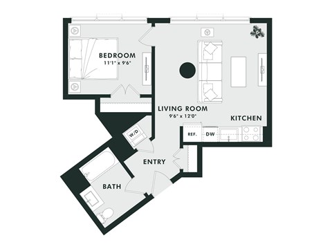Floor plan for 1 bed, 1 bath, 574 sqft